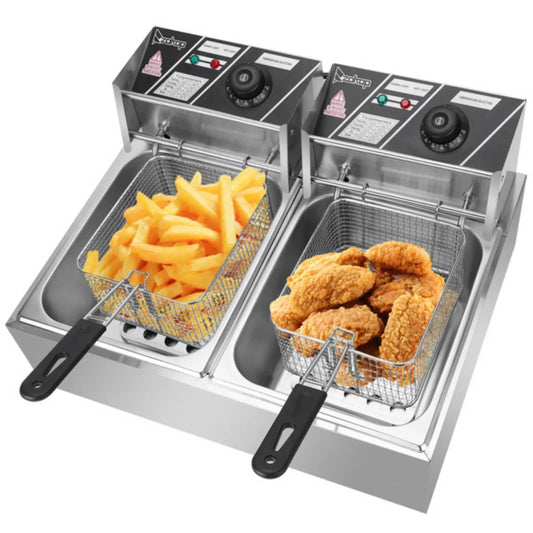 YAPENG Electric Deep Fryer, 12L x 2, 2500W x 2, Stainless Steel, Silver