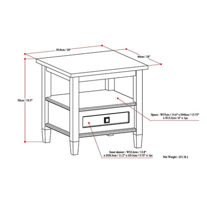 Solid Wood Rectangle End Table With Drawer And Shelf, 18.1in D x 20in W x 19.5in H - Norfolk