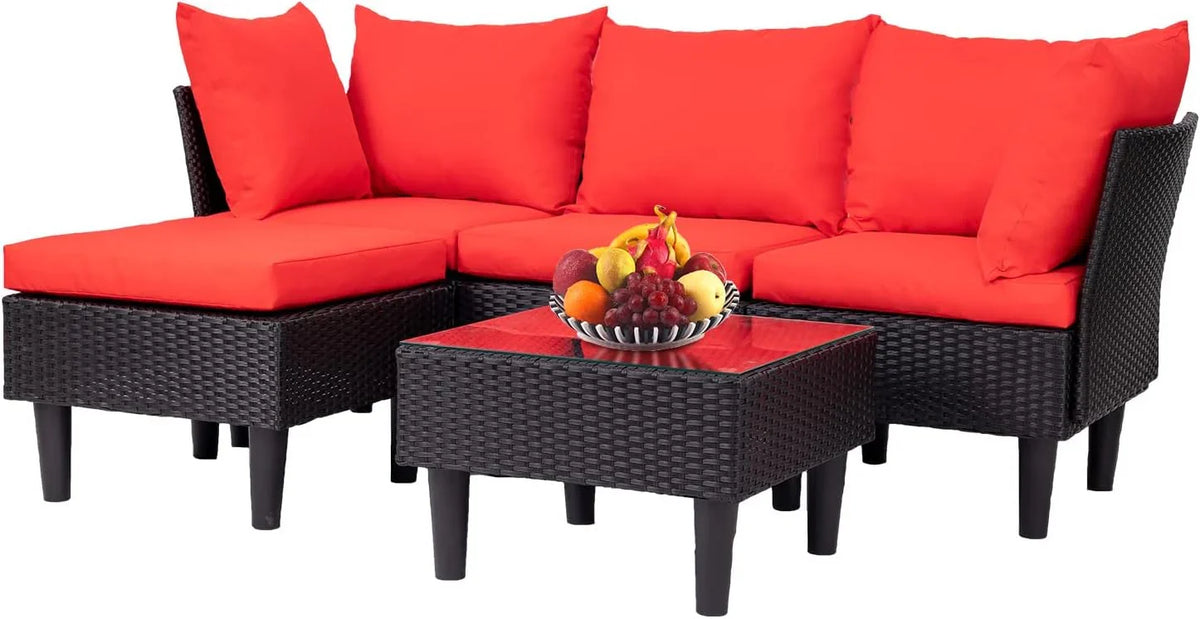 4-Piece Outdoor Rattan Wicker Patio Conversation Set With Tempered Glass Table