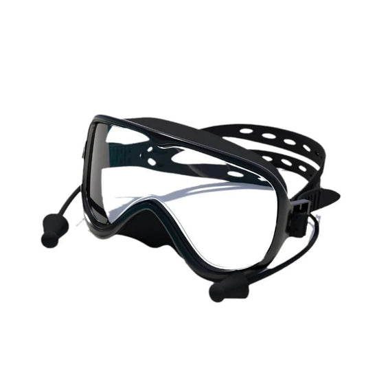 Silicone Large-Frame Swimming Goggles With Cap Set, Black - Clear Lens