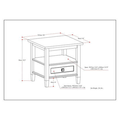 Solid Wood Rectangle End Table With Drawer And Shelf, 18.1in D x 20in W x 19.5in H - Norfolk