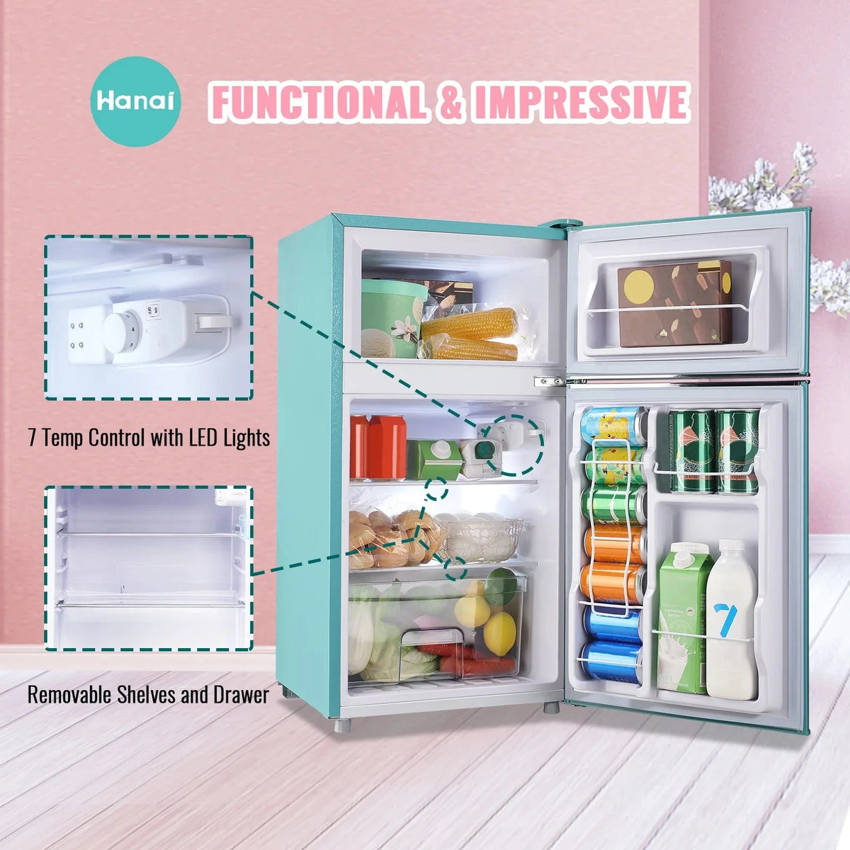 WANAI 3.5 Cu.ft Compact Refrigerator With Top Freezer, Blue