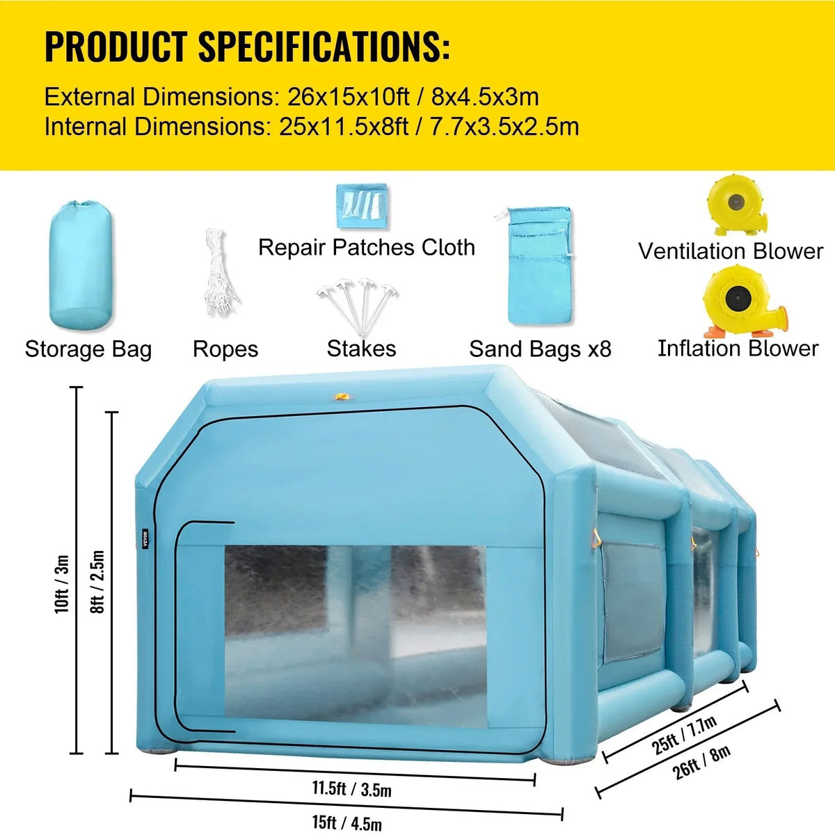 BENTISM Inflatable Car Paint Booth 26x15x10FT With Filter System And 2 Blowers